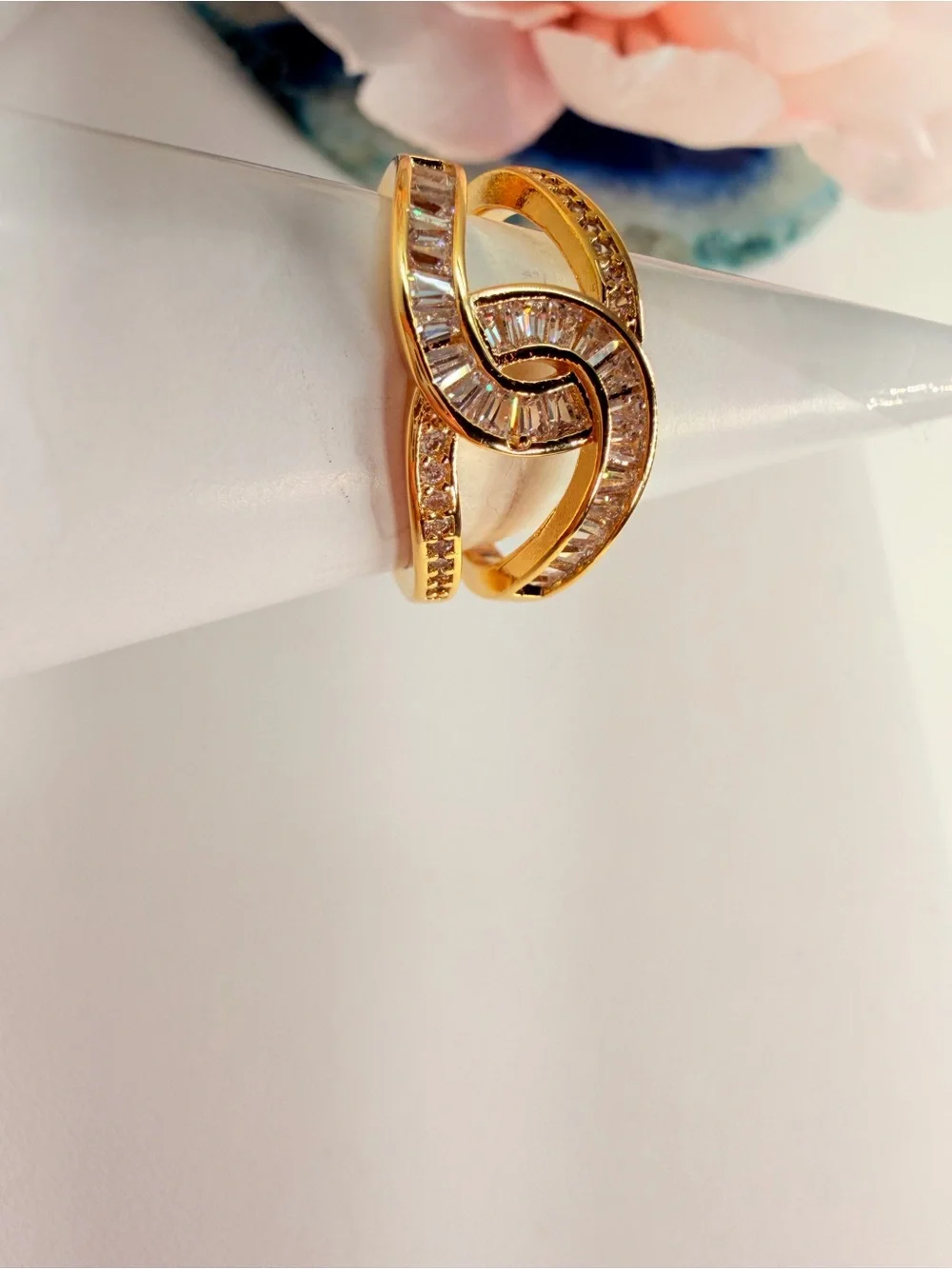 Gold-Tone Pink Baguette Crystal Wave Ring